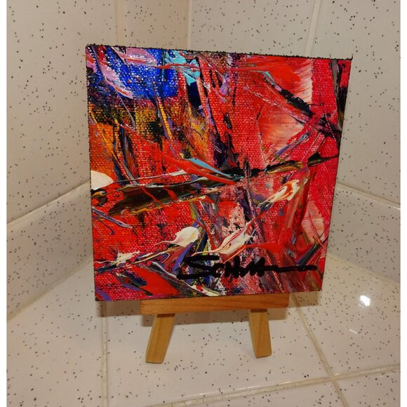 Two Hand Painted Abstract Art Painting w/ Mini Easel 4" by 4" - Picture 2 of 11